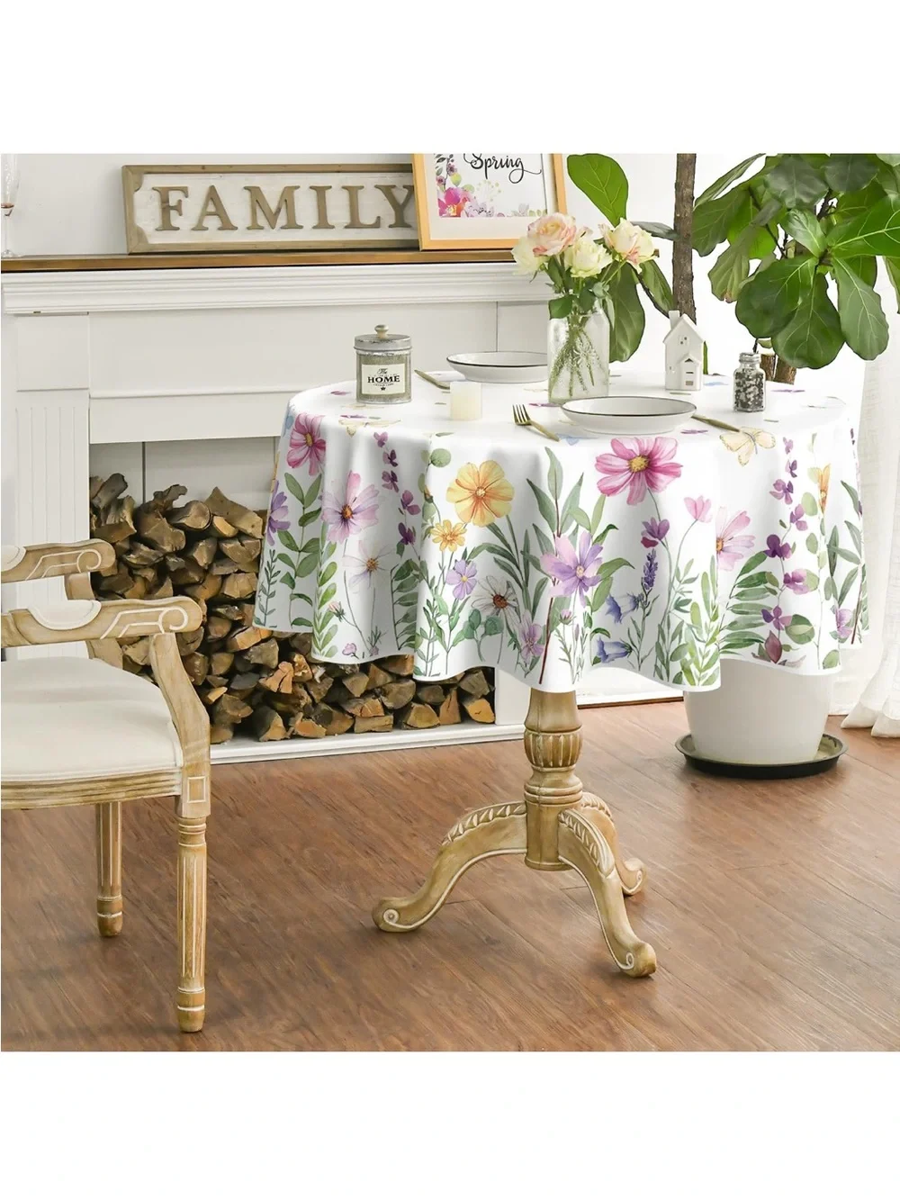NEW Horaldaily Spring Tablecloth 70” Round, Wildflowers Floral Butterfly Washabl